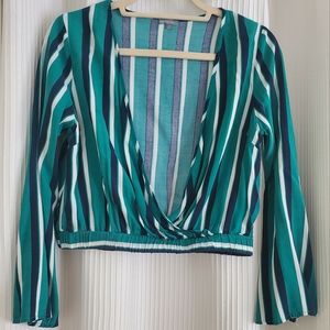 Green, Blue, and White Cropped, Low-Cut Blouse